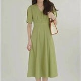 Vintage Dress Women V-Neck High Wasit Elegant Sweet Midi Dress Female Summer 2021 Short Sleeve Pretty Party Cute