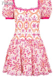 Hook Flower Hollow Dress For Women Square Collar Short Sleeve High Waist Casual Slim A Line Dresses Female Clothing 2023