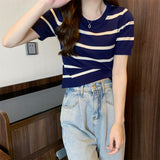 Knitted Short-Sleeved T-Shirt For Women's Summer 2025 New Design Sense Slimmed Shoulders Short