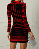 Red Long Sleeves Striped Print O-Neck Mini Party