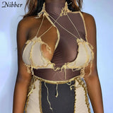 Vintage Artistic Tassel Patchwork Tank Tops Asymmetreical Hole Sleeveless Halter Skinny Corset Crop Tops Indie Folk