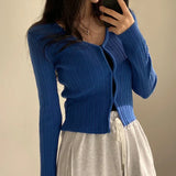 Cropped Cardigan Women V Neck Covered Button Solid Stretch Thin Spring Long Sleeve Knitted Tops Casual Lady Sweater-Outfit