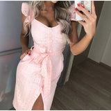 Sleeveless V-neck Solid Women Mini Dress Button Split Ruffles Tunic Ladies Slim Short Dresses 2021 Summer Casual
