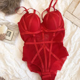 Classic Bandage Hollow Bodysuit Women Sexy Lace Push Up Bra Set Transparent Stripe Mesh Underwear Plus Size
