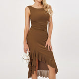 Women Sleeveless Bodycon Dress Evening Party Summer Clothes Chic and Elegant Solid Color Backless Mesh Ruffled Dress-Outfit
