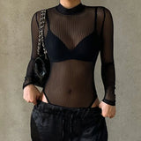Temperament Light Striped Mesh Perspective Sexy Long Sleeve Half-High Collar Bare Back-To-Back Women's