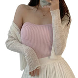 Tops, Summer Solid Color Sleeveless Strapless Ribbed Pullover Casual Vest for Adult Women-Outfit