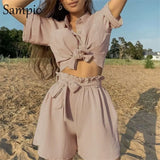 Khaki Casual Beach Women Summer Tracksuit Shorts Set Short Sleeve Shirt Tops And Loose Mini Shorts Two Piece Set