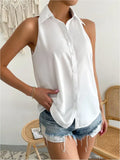 New Spring Satin Sleeveless Shirt Leisure Solid Color Summer Shirt Blouse-Outfit