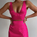 2022 Summer Fashion Red Sexy Mini Dress Two-Piece Suit Top And Split Skirts Sets For Women‘s Clothes