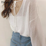 Women Solid Color Minimalist Long Sleeve Fairy Elegant V-neck Knitting Thin Breathable Soft Casual Basic Sun-proof