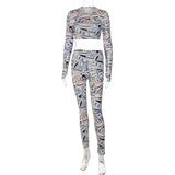 Print 2 Pieces Set Women Trousers Long Sleeve Crop Top Slim Leggings Tracksuit Suits Fall Winter High