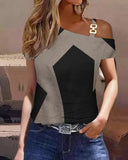 Off Shoulder Print Shirt Blouse Women Casual Chain Sling Short Sleeve Shirts For Women 2023 Office Ladies Elegant Slim Top-Outfit