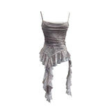 Irregular Lace Splicing Hem With Lotus Slings With Lotus Slings Waist Yarn Top