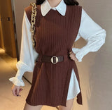 The Spring And Autumn Of 2024, The New Medium-And Long-Style Sweater Suit Shows A Thin Tie, Waist Knitted Vest Shirt And Two Sets Of Women.-Outfit