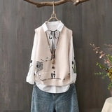 Autumn V-Neck Female Embroidery Sweater Vest Fashion Shirt Two Piece Set Women's Clothing Loose Sleeveless Knitted Tops-Outfit