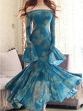 Temperament One-Word Shoulder Long-Sleeved Tie-Dyed Dress Women's Summer New High-End Waist Show Thin Fishtail Skirt-Outfit