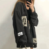 Women's street brown graffiti print zip vintage tops hoodie sweatshirts hoodies kawaii Blouse grunge y2k coats Autumn