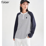 Women Tees 2023 Spring Long Sleeve O Neck Loose Tshirt Classic Stripe Pure Cotton Comfort Basic All Match