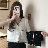 Women V-neck Knitwear Crop Tunic Short Sleeve Summer Korean Style Panelled New Arrival Open Front All-match Leisure