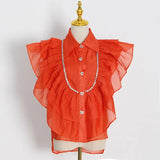 Casual Shirt For Women Lapel Sleeveless Solid Patchwork Ruffle Trim Blouses Female Summer Clothing Style New