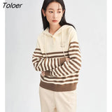 Women Hooded Sweater 2022 Winter Long Sleeve Neckline with Button Loose Knitted Pullover Stripe Stretch Casual Chic