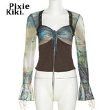 Fairy Grunge Flare Long Sleeve Crop Tops Y2k Style Square Neck Print Mesh Shirts 90s Vintage Aesthetic Clothes