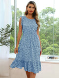 Party Printing Boho Dress Women Flying Sleeve O-Neck Floral A-Line Ladies Dresses Summer 2022 Elegant Long Dress Royal Blue Robe