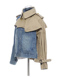 Women's Denim Windbreak Patchwork Contrast Color Stand Collar Loose Split Epaulet Jacket 2024 Summer New Fashion 1B093-Outfit