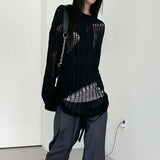 Gothic Ripped Sweater Punk Hollow Out Knitted Pullovers Loose Oversized Black Jumpers Female Hole Sweater Streetwear