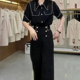 Lady Solid Color Matching Sets Stylish Bright Line Decoration Casual Polo-Neck Single-breasted Summer Elastic Pant