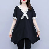 Solid Color Elegant V-Neck T-shirt Female Clothing Fashion Lace Spliced Summer Irregular All-match Short Sleeve Pullovers-Outfit