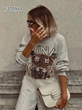 Beige Tiger Print Sweatshirts for women Long Sleeve O Neck Pullover Tops new 2024 Autumn Winter Sweatshirt Streetwear Top-Outfit