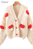Autumn Winter Sweet Cute Handmade Mushroom Sweater Women Loose V-Neck Casual Short Knit Cardigan Jacket Female