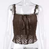 Retro Bow Lace Corset Top Fairy Core Aesthetic Backless Square Neck Crop Top Women Summer Tank
