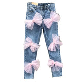 Women's Jeans High Waist Slim Pink Mesh Bowknot Pearls Stretch Female Denim Ankle-Length Pants 2024 Summer New Fashion-Outfit