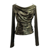 Real Shooting Stacking Long-Sleeved Pile Folded Shoulder T-Shirt Metal-Sclide T-Shirt
