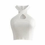 Ladies Sexy Camisole Solid Color Cross Halter Sweater Vest Slim Sleeveless Base T-Shirt Midriff-baring Knitted Tops-Outfit