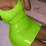 Toloer Leather Solid Color Halter Dress Female Tight Leather Skirt Sexy Sleeveless Leather Hottie Bag Hip Skirt Short Skirt-Outfit
