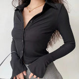 Polo Collared Horn Sleeve Shirt Slim Slim Elastic Long-Sleeved
