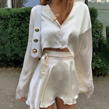 Graduation party gift New Summer White Dress Casual Satin Two-piece Set Ladies O-neck Button Top Bandage Pencil Skirt Costume Fashion Party