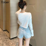 Sleeve T-shirts Women Spring Solid Loose Crop Top Sexy New Trendy Leisure Girls T-shirt Korean Stylish Teens All-match