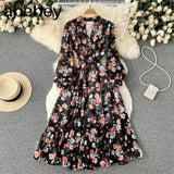 Fashion Summer Maxi Dress Women's Printed Sundress Casual Long Sleeve Vestidos Female High Waist Robe