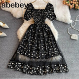 New Floral Summer Dress Women Vacation Casual Blackless Short Sleeve Slim Ladies French Style