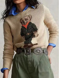 2025 New Women's Dresses Cartoon Embroidered Bear Round-Neck Knitted