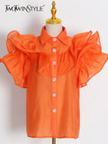 Casual Patchwork Ruffles Fashion Woman Blouses 2022 Lapel Short Sleeve Diamonds Button Through Shirts Female