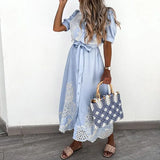 Long Dress Women Summer Puff Sleeve Hollow Out Party Dress 2021 Sexy Lace Patchwork Tie-Up Belted Shirt