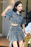 Skirts Outfits Vintage Denim Two Piece Set Women Short Sleeve Crop Tops High Waist Pleated Mini Skirt Suit Y2k