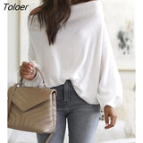 Women Fashion Casual Brief Slash Neck Long Sleeve Autumn Solid Blouse Tops Off Shoulder Lantern Sleeve Ribbed