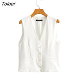 Women Simply Sleeveless White Vest Jacket Office Ladies Wear Single Breasted Slim WaistCoat Leisure Outwear Tops